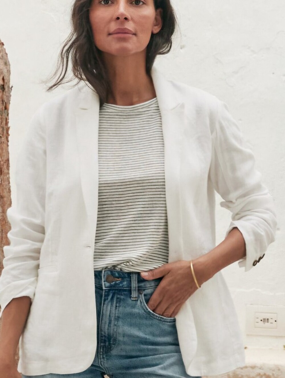 1 State Ivory Double-Breasted Linen Blazer Summer Staple Preppy Linen Jacket